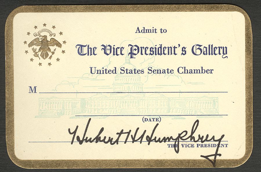 Hubert Humphrey Vice President's Gallery U.S. Senate Admission Card